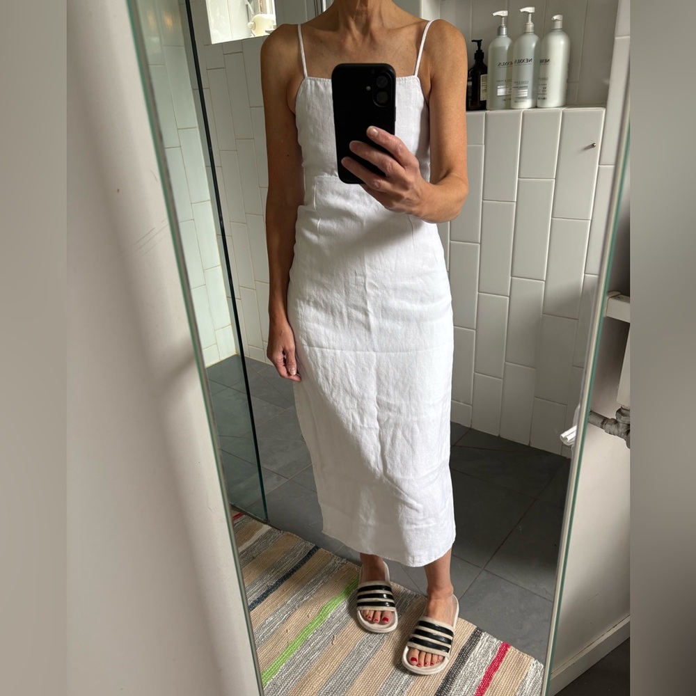 Trois White Linen Sundress w Slit and Drawstring/Ruching Detail at Left Side